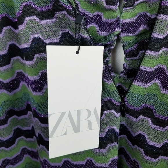 Zara Metallic Purple Green Glitter Chevron Patterned Long Sleeve Bodycon Dress - Picture 6 of 14